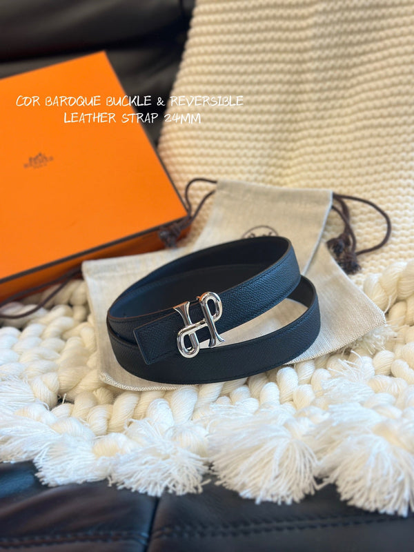 H COR BAROQUE BELT 24MM SILVER BUCKLE & REVERSIBLE BLACK LEATHER