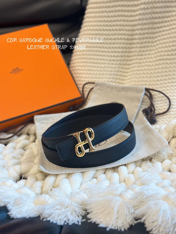 H COR BAROQUE BELT 24MM GOLD BUCKLE & REVERSIBLE BLACK LEATHER