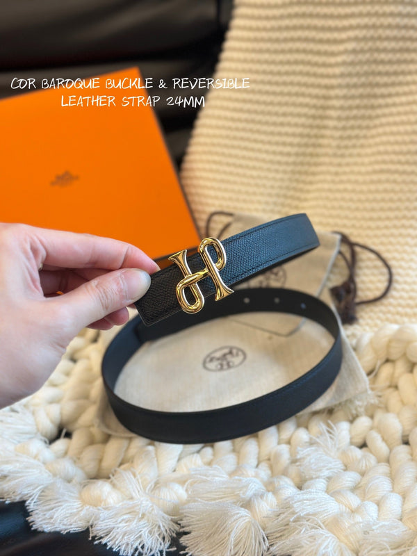 H COR BAROQUE BELT 24MM GOLD BUCKLE & REVERSIBLE BLACK LEATHER
