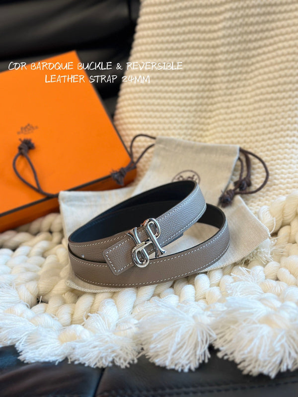 H COR BAROQUE BELT 24MM SILVER BUCKLE & REVERSIBLE BEIGE AND BLACK LEATHER