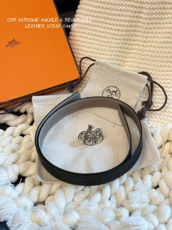 H COR BAROQUE BELT 24MM SILVER BUCKLE & REVERSIBLE BEIGE AND BLACK LEATHER