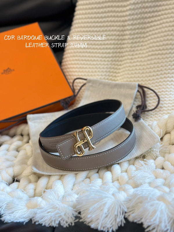 H COR BAROQUE BELT 24MM GOLD BUCKLE & REVERSIBLE BEIGE AND BLACK LEATHER