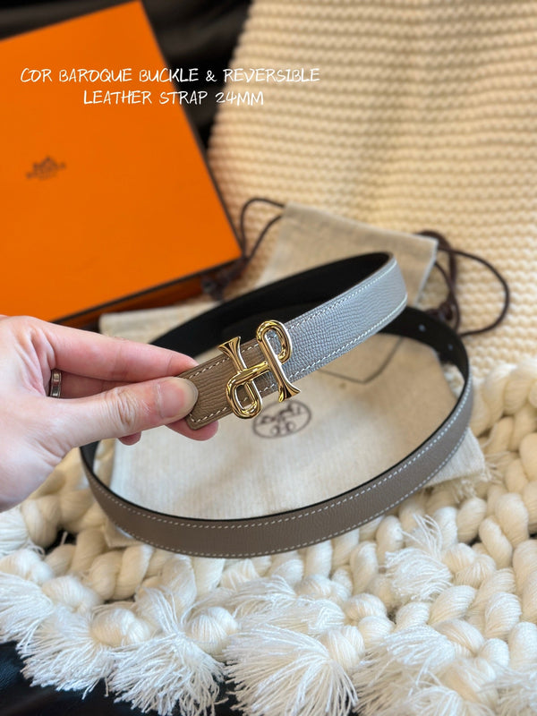 H COR BAROQUE BELT 24MM GOLD BUCKLE & REVERSIBLE BEIGE AND BLACK LEATHER