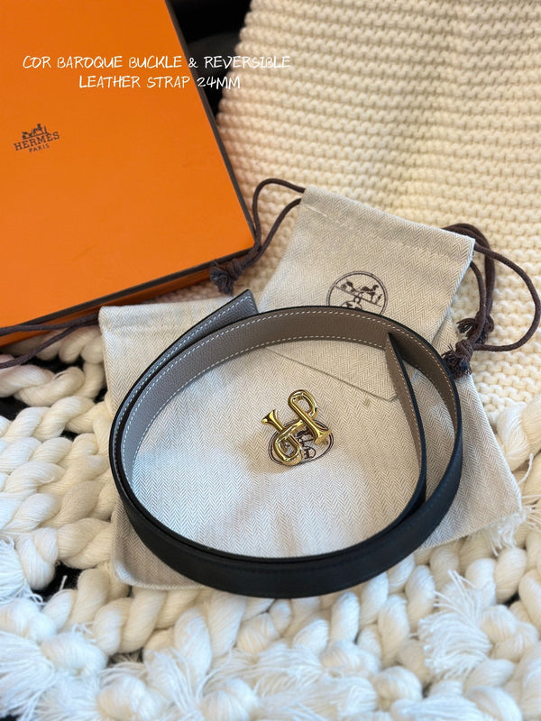 H COR BAROQUE BELT 24MM GOLD BUCKLE & REVERSIBLE BEIGE AND BLACK LEATHER