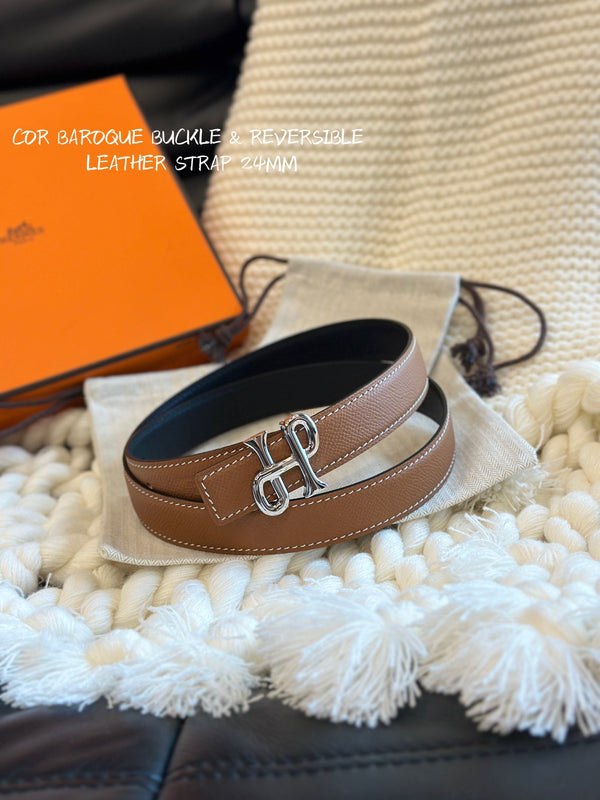 H COR BAROQUE BELT 24MM SILVER BUCKLE & REVERSIBLE BROWN AND BLACK LEATHER