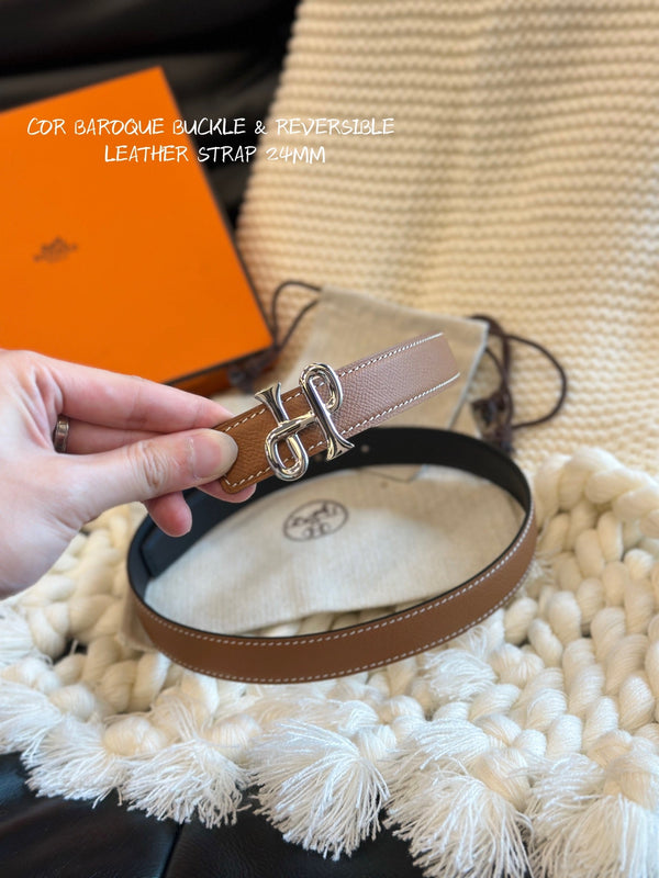 H COR BAROQUE BELT 24MM SILVER BUCKLE & REVERSIBLE BROWN AND BLACK LEATHER