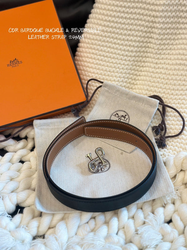 H COR BAROQUE BELT 24MM SILVER BUCKLE & REVERSIBLE BROWN AND BLACK LEATHER