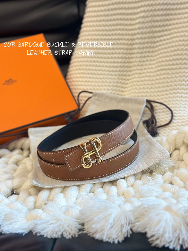 H COR BAROQUE BELT 24MM GOLD BUCKLE & REVERSIBLE BROWN AND BLACK LEATHER