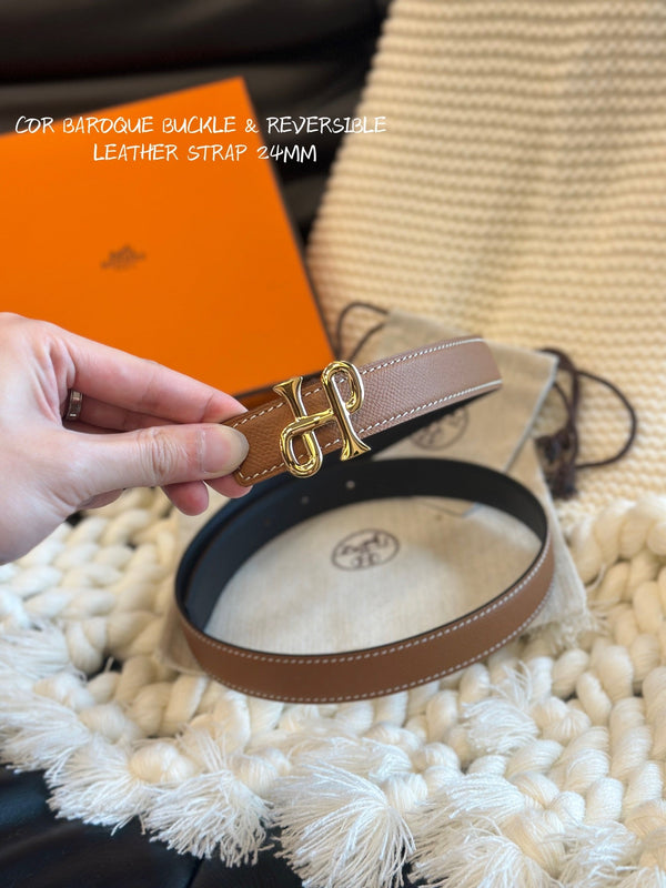 H COR BAROQUE BELT 24MM GOLD BUCKLE & REVERSIBLE BROWN AND BLACK LEATHER