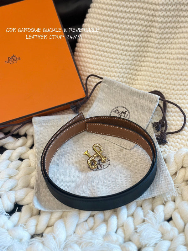 H COR BAROQUE BELT 24MM GOLD BUCKLE & REVERSIBLE BROWN AND BLACK LEATHER