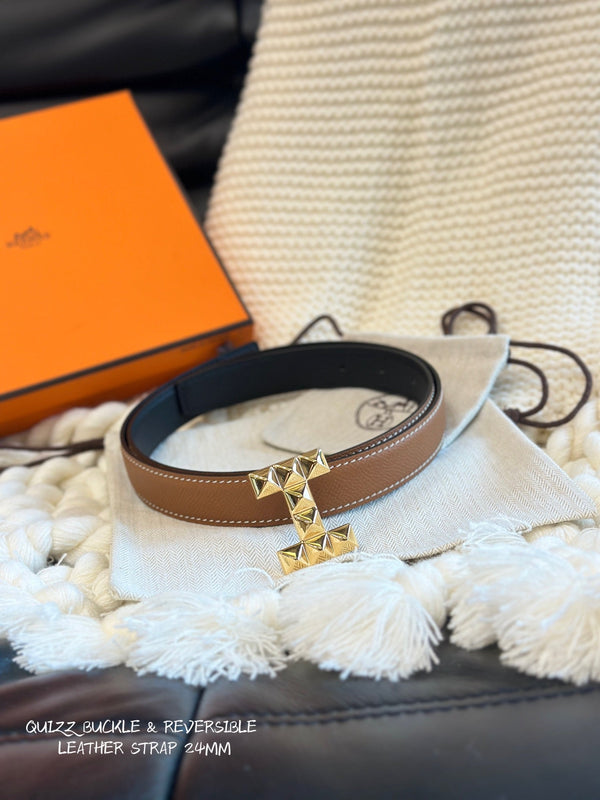 H QUIZZ PARTY BELT 24MM GOLD  BUCKLE & REVERSIBLE BROWN AND BLACK LEATHER