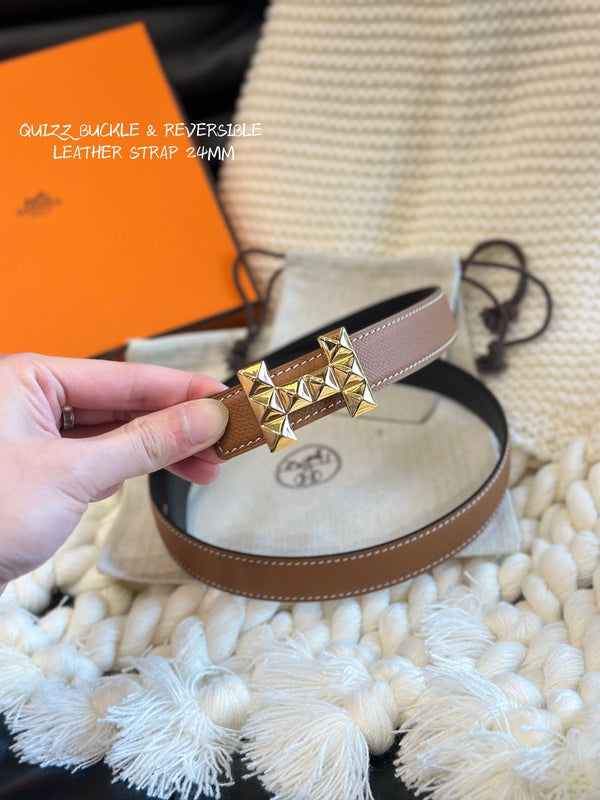 H QUIZZ PARTY BELT 24MM GOLD  BUCKLE & REVERSIBLE BROWN AND BLACK LEATHER