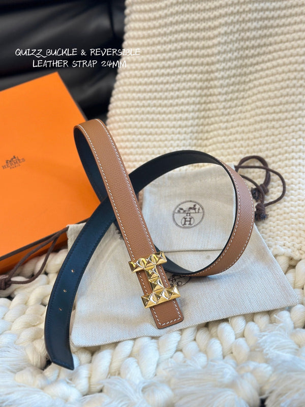 H QUIZZ PARTY BELT 24MM GOLD  BUCKLE & REVERSIBLE BROWN AND BLACK LEATHER