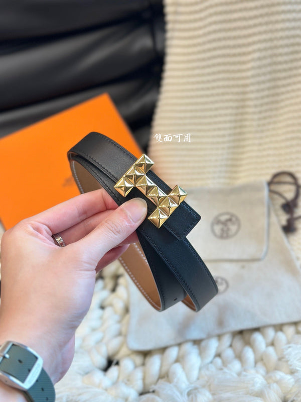 H QUIZZ PARTY BELT 24MM GOLD  BUCKLE & REVERSIBLE BROWN AND BLACK LEATHER