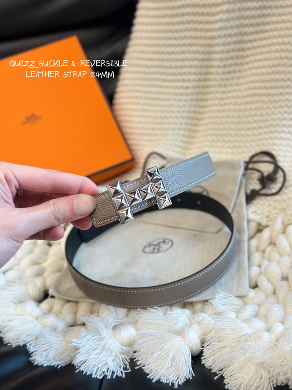 H QUIZZ PARTY BELT 24MM SILVER BUCKLE & REVERSIBLE GRAY AND BLACK LEATHER