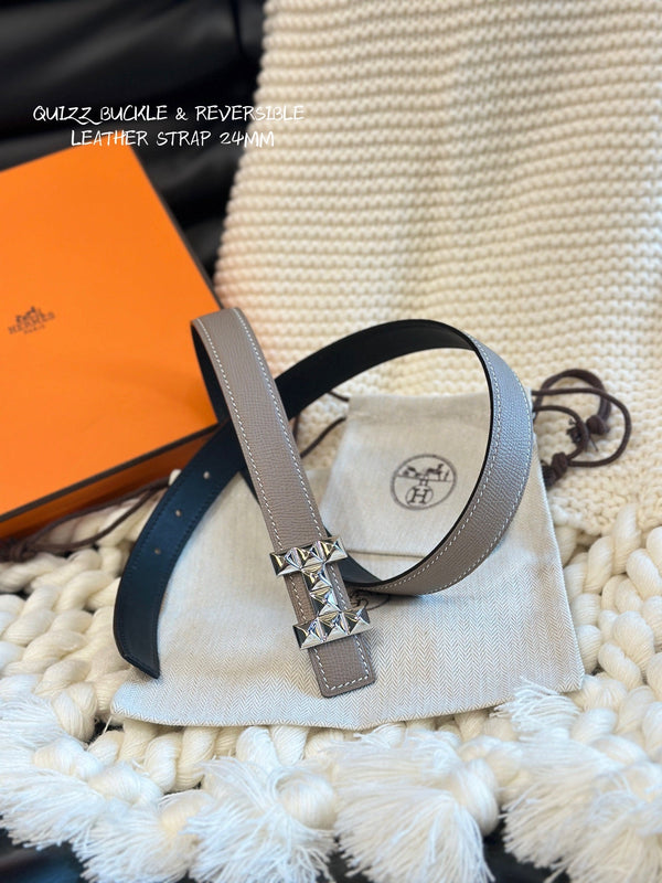 H QUIZZ PARTY BELT 24MM SILVER BUCKLE & REVERSIBLE GRAY AND BLACK LEATHER