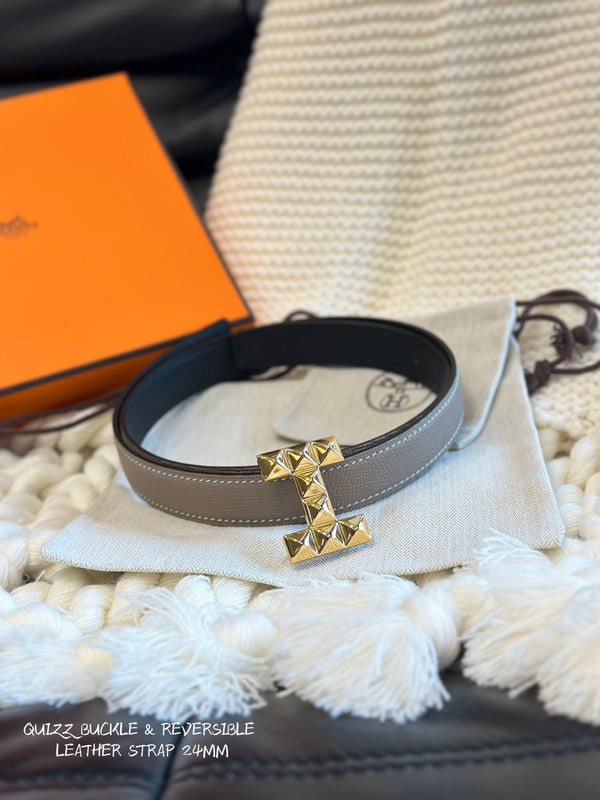 H QUIZZ PARTY BELT 24MM GOLD BUCKLE & REVERSIBLE GRAY AND BLACK LEATHER