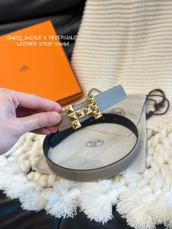 H QUIZZ PARTY BELT 24MM GOLD BUCKLE & REVERSIBLE GRAY AND BLACK LEATHER