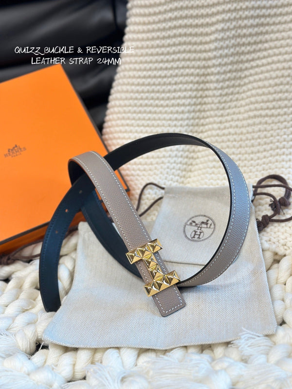 H QUIZZ PARTY BELT 24MM GOLD BUCKLE & REVERSIBLE GRAY AND BLACK LEATHER