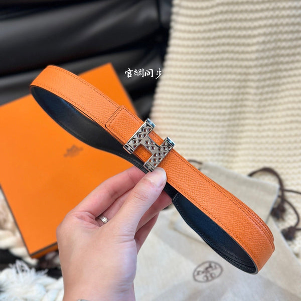 H GARDEN PARTY BELT 24MM SILVER BUCKLE & REVERSIBLE ORANGE AND BLACK LEATHER