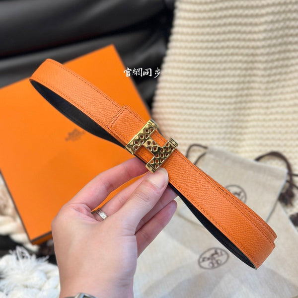 H GARDEN PARTY BELT 24MM GOLD BUCKLE & REVERSIBLE ORANGE AND BLACK LEATHER