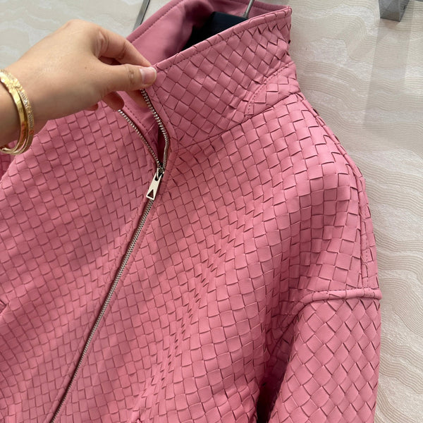 Giacca da baseball BV con doppia cerniera in pelle di agnello rosa