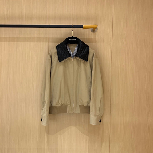 BV Leather Neck Zipped Jacket in Beige Fabric