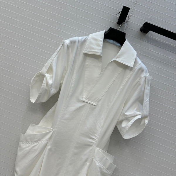 BV V-neck  Rolled-Up Sleeve Dress in White Tencel