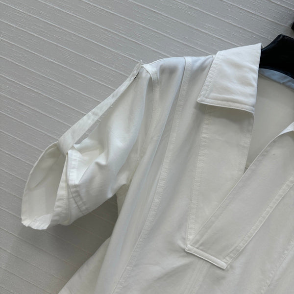 BV V-neck  Rolled-Up Sleeve Dress in White Tencel