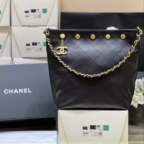 CC 25P Rivet Bucket Bag Gold Hardware in Black Polished Lambskin