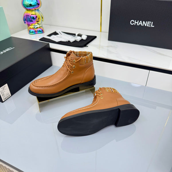 CC 25 Stivaletti in pelle di vacchetta e tweed marrone 454714