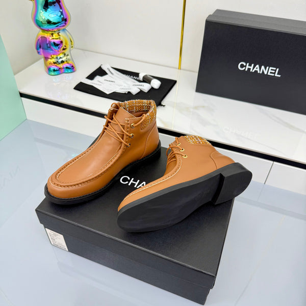 CC 25 Stivaletti in pelle di vacchetta e tweed marrone 454714