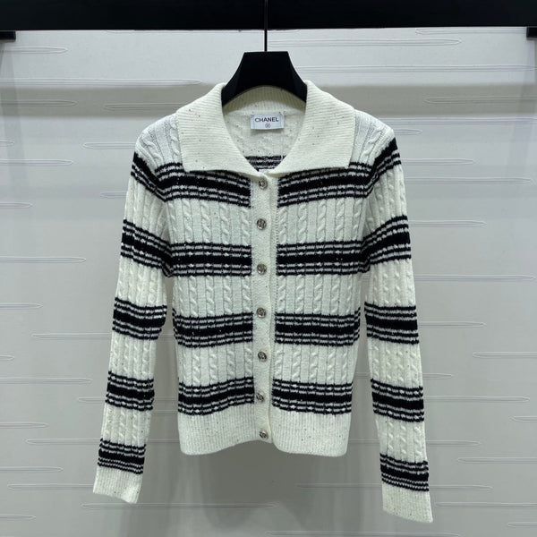 CC 25 Striped Knit Cardigan White Wool
