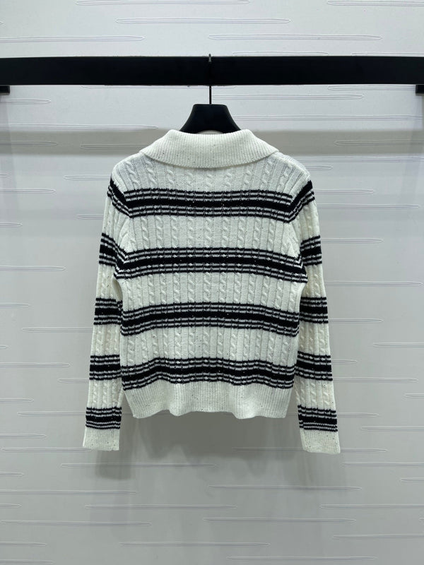 CC 25 Striped Knit Cardigan White Wool