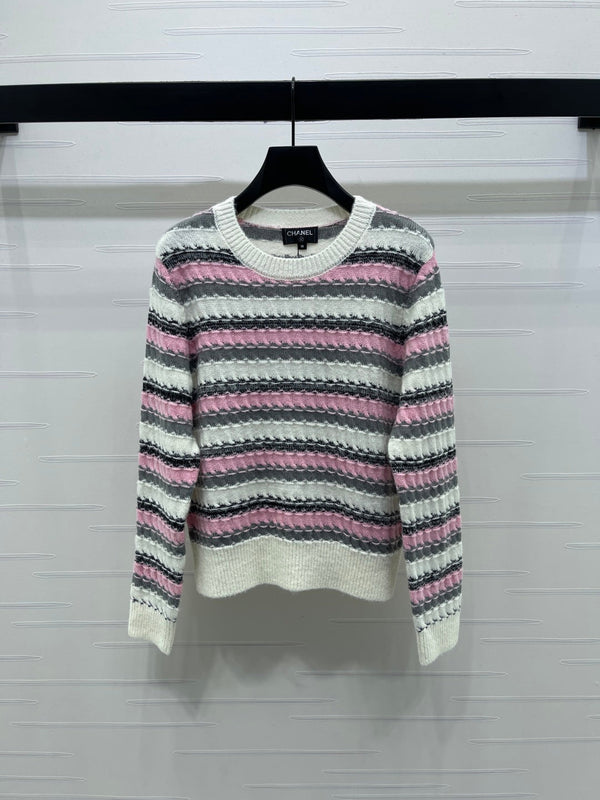 CC 25 Striped Knitted Long-Sleeved Sweater White Cashmere