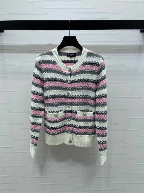 CC 25 Striped Knitted Long-Sleeved Pocket Cardigan White Tencel