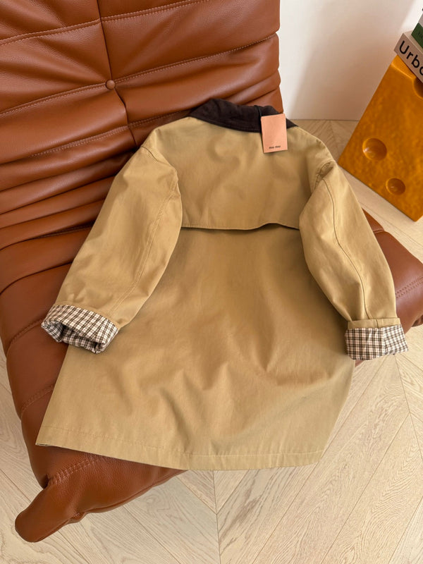 Miumiu Mid-Length Corduroy Collar Trench Coat Beige Cotton