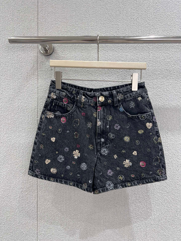 CC 25 Flower Jean Shorts Dark Gray Cotton