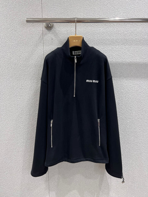 Felpa con mezza zip e ricamo con micrologo Miumiu 25FW in cotone nero