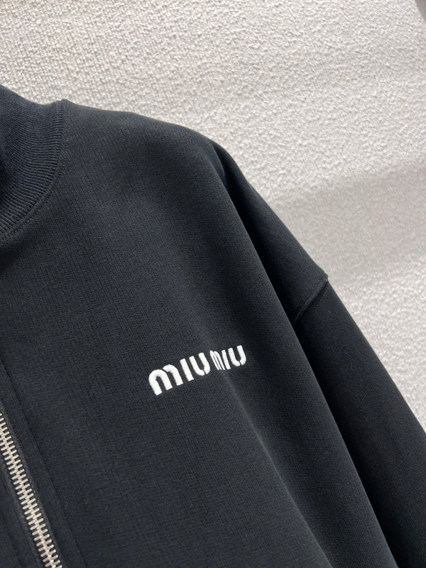 Felpa con mezza zip e ricamo con micrologo Miumiu 25FW in cotone nero