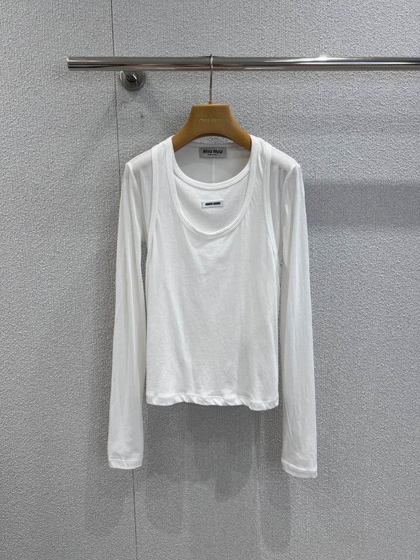 Miumiu 25FW Micro-Logo Fake Two-Piece Long-Sleeve T-Shirt White Cotton