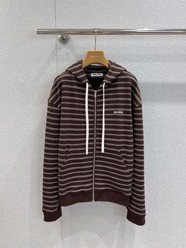 Miumiu 25FW Striped Zipper Hooded Sweatshirt Jacket Brown Cotton