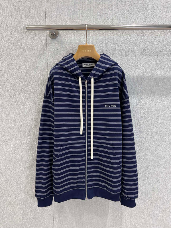 Miumiu 25FW Striped Zipper Hooded Sweatshirt Jacket Blue Cotton