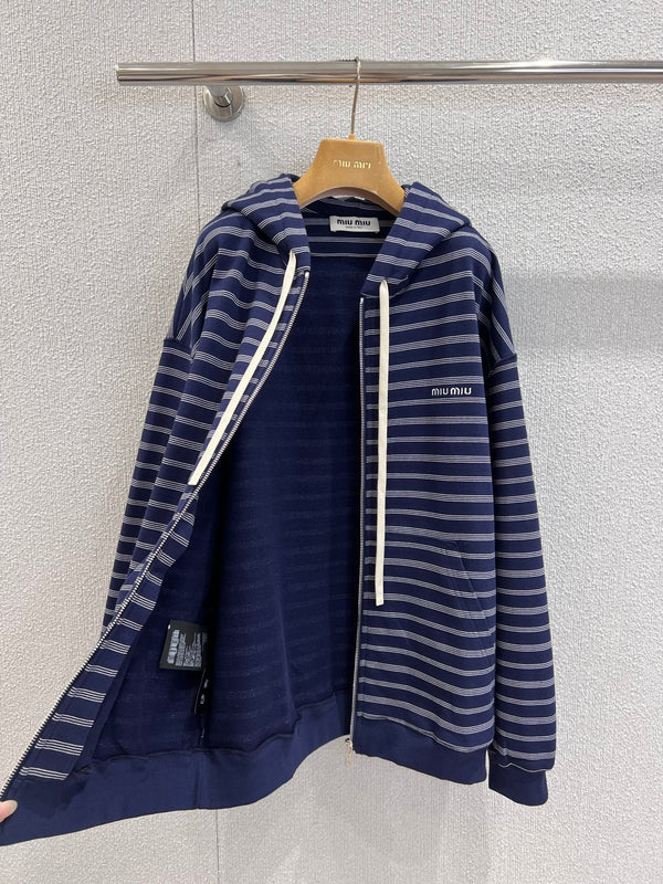Miumiu 25FW Striped Zipper Hooded Sweatshirt Jacket Blue Cotton