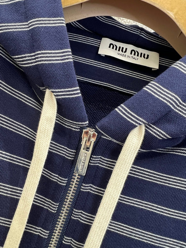 Miumiu 25FW Striped Zipper Hooded Sweatshirt Jacket Blue Cotton
