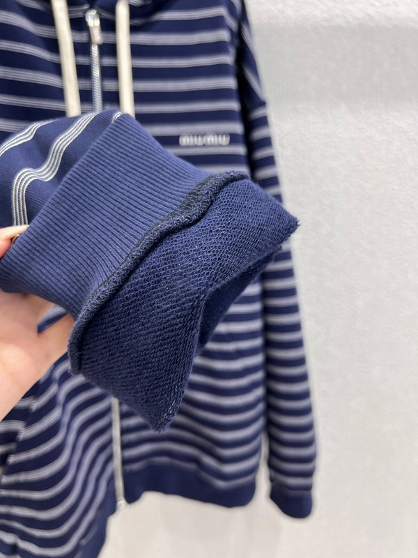 Miumiu 25FW Striped Zipper Hooded Sweatshirt Jacket Blue Cotton