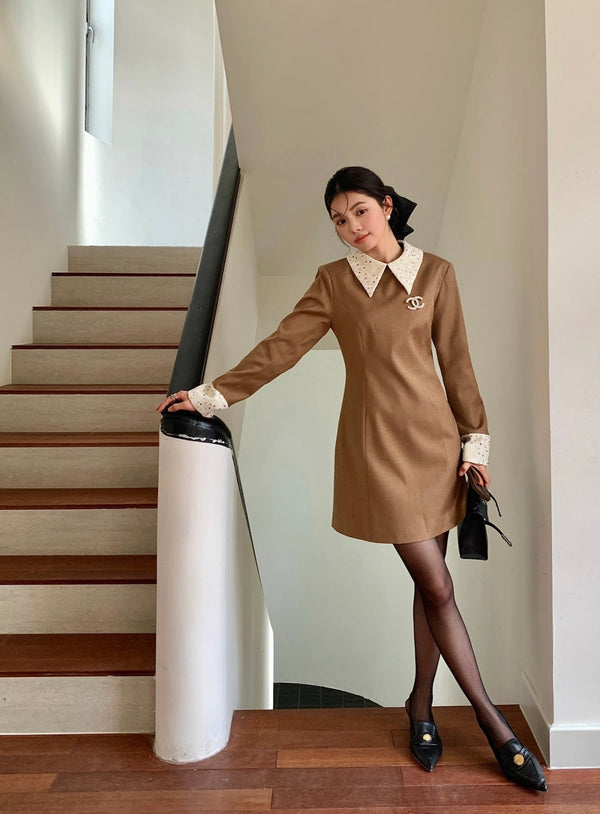 CC 25 A-Line Long Sleeved Dress Brown Polyester