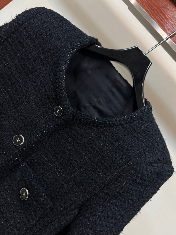 Giacca in tweed nero con scollo tondo CC 25 304703