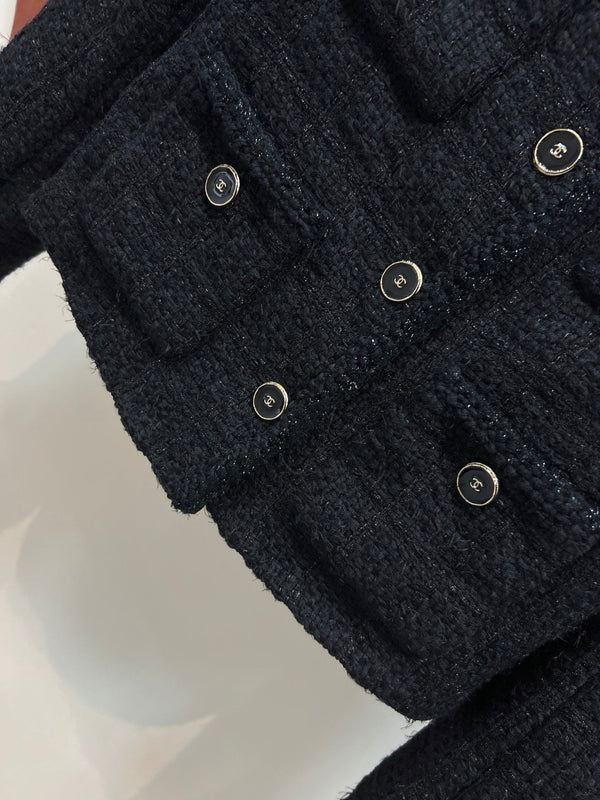 Giacca in tweed nero con scollo tondo CC 25 304703