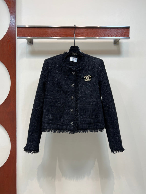 CC 25 Tweed Short Fringed Black Jacket 304699